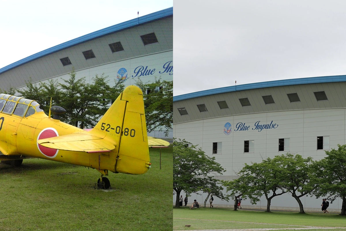 ブルーインパルスの格納庫を比較した写真。左が震災前の2005年に撮影したもの。右が今年。よく見ると基礎部分の高さが異なるのがわかる