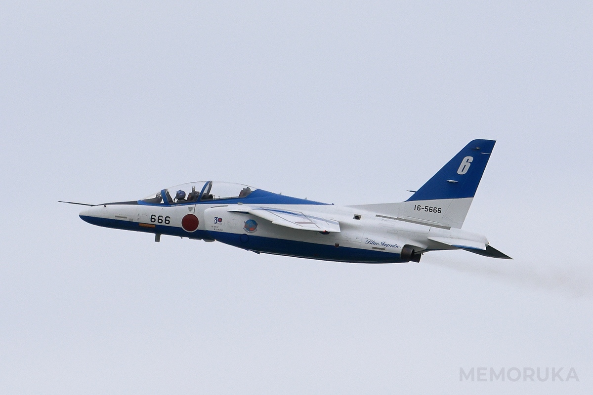 曇天の空を駆けるブルーインパルス6番機。松島基地航空祭2025にて撮影。